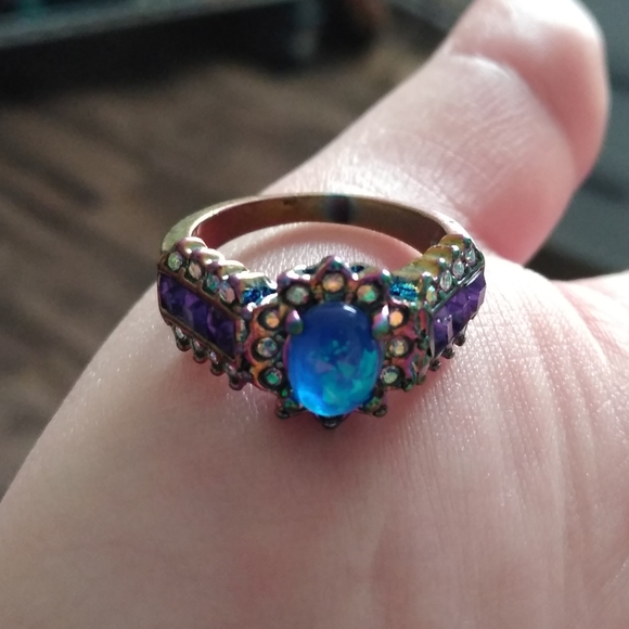Metallic Rainbow Fire Opal Gemstone Cluster Ring 9 - Picture 8 of 14